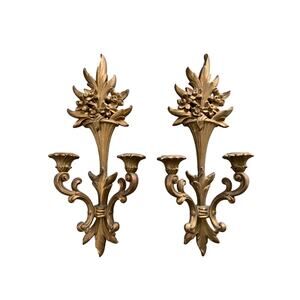 Vintage 1950s Pair of Syroco Wood 2 Arm Wall Sconces Gold Gilt Hollywood Regency